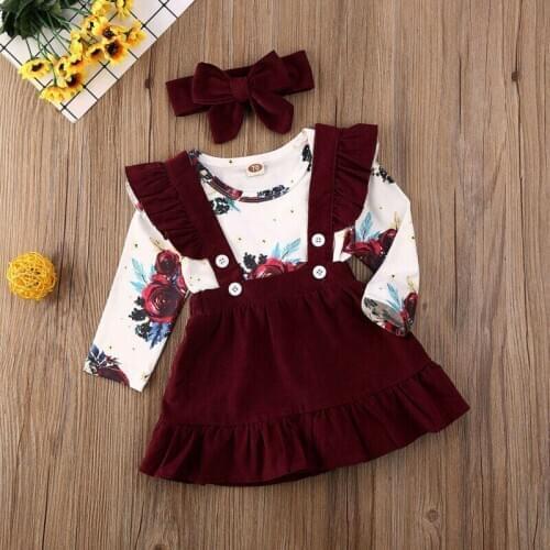 Newborn Toddler Kids Baby Girls Clothes Floral Print Bodysuit Bow Headband Strap Button Solid Skirts 2pc Outfit