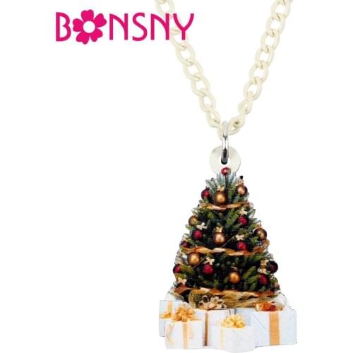 Bonsny Acrylic Christmas Tree Gift Box Necklace Pendent Chain Festival Decorations Jewelry For Lady Girls Teens Hot Charms Gift