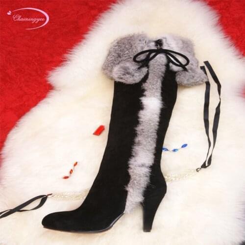 Chainingyee party round toe warm winter nubuck real leather ankle boots rabbit hair zipper black high heels womens riding boots