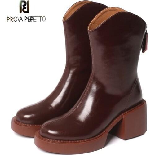 New Autumn and Winter Horse Oil Cowhide Round Toe Thick Thick High Heel Casual Short Boots Black Wine Red Back Zipper Boots
