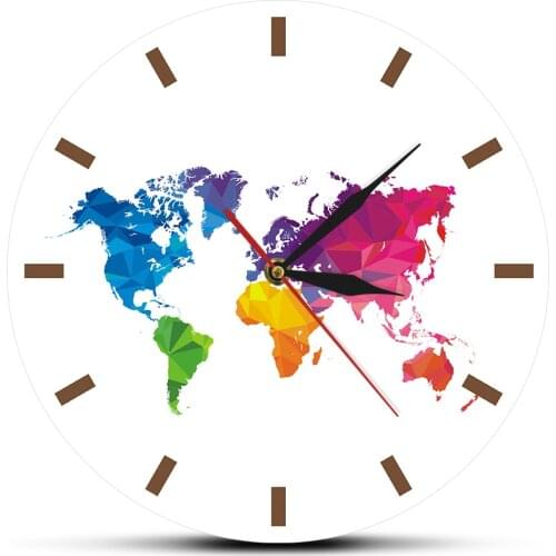 Minimalism Colorful World Map Wall Hanging Clock Silent Quartz Decor Wall Watch Geometric Wall Art Housewarming Traveler Gift