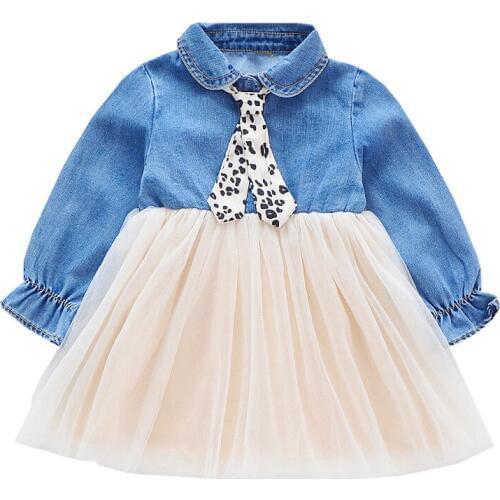 Girls Denim Stitching Dress Mesh Long Sleeve Kids Dresses Children Girls Dresses Spring Autumn Kids Dress For Girl