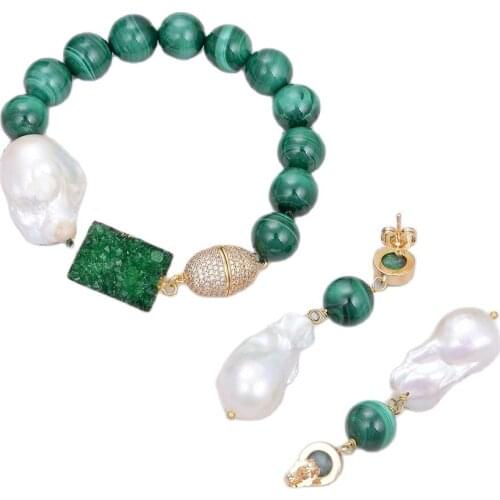 GG Jewelry Real Natural Round Green Malachite White Keshi Baroque Pearl Green Quartzs Bracelet Earrings Sets For Women Gift