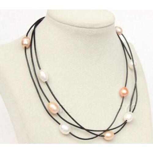 Handmade Leather Pearl Necklace,18inches 3row White Pink Purple Cultured Freshwater Pearl Black Leather Jewellery