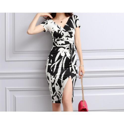 Summer women clothing V-neck sexy split dresses print elastic slim one-step women dresses Short sleeve ins office lady dresses