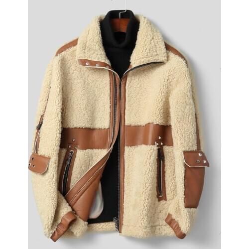2020 Fashion Beige Natural Sheepskin Fur Shearling Jackets Men Real Fur Coat