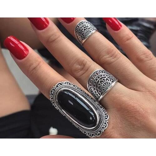 2020 New fashion black gem rings retro hollow and carved charm ladies 3-piece set ringes