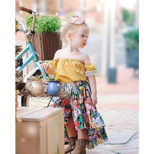 OKLADY 2019 Summer Kid Girls Dress Clothes Set Yellow Shoulderless Lace Floral Skirt Fashion Kids Clothing Girls Fall Outfits