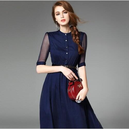 Dress New Summer Silk Women Blue Red dress Natural Fabric High Quality Free Shipping Hot Selling H250GWO0