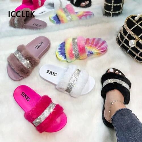 2021 Women Slippers Summer Fashion Bling Solid Fluffy Furry Slides Outside Platform Ladies Shoes Woman Plus Size Flip Flops