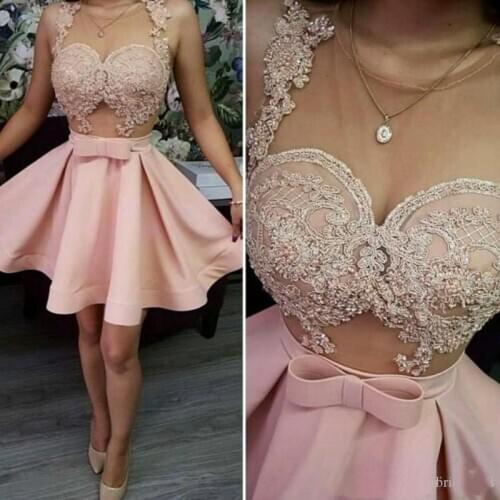 Sexy Cheap Blush Pink Cocktail Dresses Sheer Neck See Though Appliques Bow Crystal Beaded Short Mini Party Dress Homecoming Girl