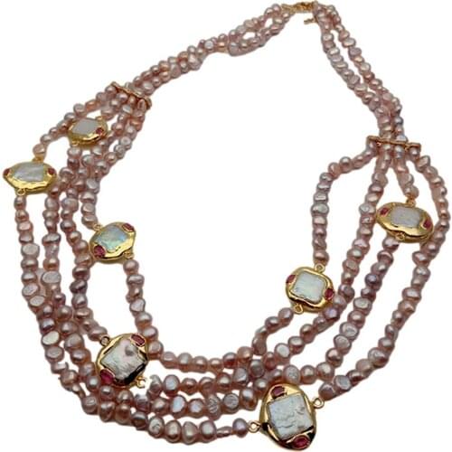 Y·YING 4 Rows Cultured Freshwater Purple Fancy Pearl Square Pearl Gold Plated Necklace 21"