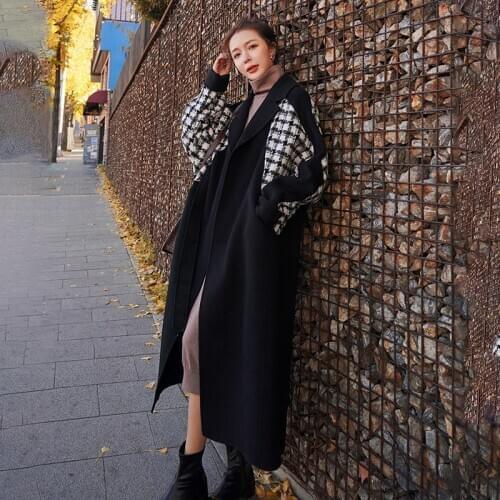 Womens Jacket Long Winter 2021 New Christmas Red Korean Loose Plaid Fashion Stitching Fashion Wool Warm Coat Female Woolen