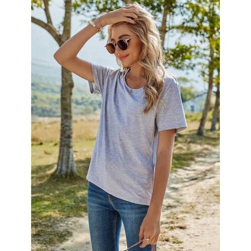 Women Summer Short Sleeve T-Shirt O-Neck Criss Cross Backless Clothes Solid Color Loose Casual Female Tops