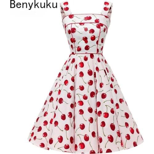 Women Cherry Print Party Vintage Elegant Dress Summer 50s 60s Rockabilly Hepburn Dresses Pinup Sleeveless Strap Womens Clothing