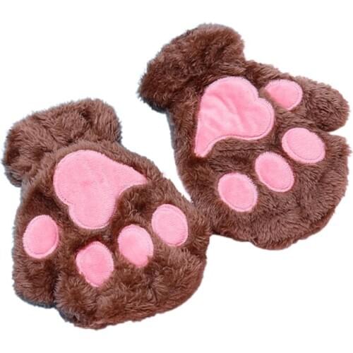 Women Winter Warm Half Finger Gloves Cartoon Cat Paw Plush Fingerless Mittens F3MF