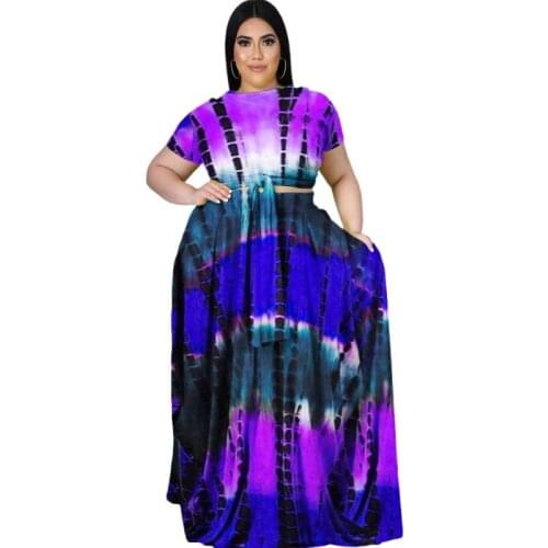 Two Piece Skirts Sets Women 5XL Plus Size Bandage Crop Top And Long Skirt Suits Summer Tie Dye Print Street Style Casual Outfits