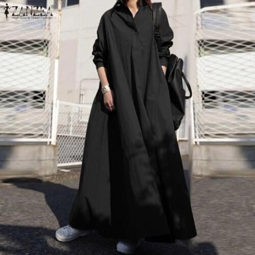 ZANZEA Summer Stylish Women Vintage Long Sleeve Loose Sundress 2021 Casual Long Maxi Dress Kaftan Femme Solid Party Vestido Robe