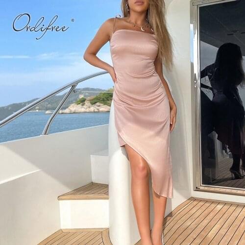 Ordifree 2021 Summer Women Sexy Party Dress Asymmetrical Sexy Backless Pink Satin Slip Dress