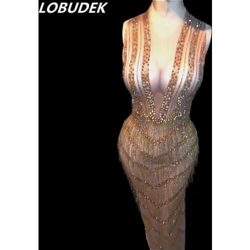 Autumn Women Gold Rhinestones Tassels Long Dress Sexy Birthday Celebration One Piece Dress Nightclub Singer Host Stage Costumes