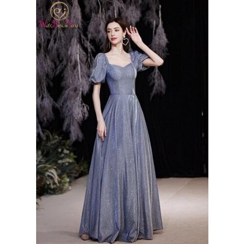 Blue Long Evening Dresses 2021 Cap Sleeves V-Neck A Line Bling Prom Party Gowns Celebrity Formal Night Dress Women Floor Length