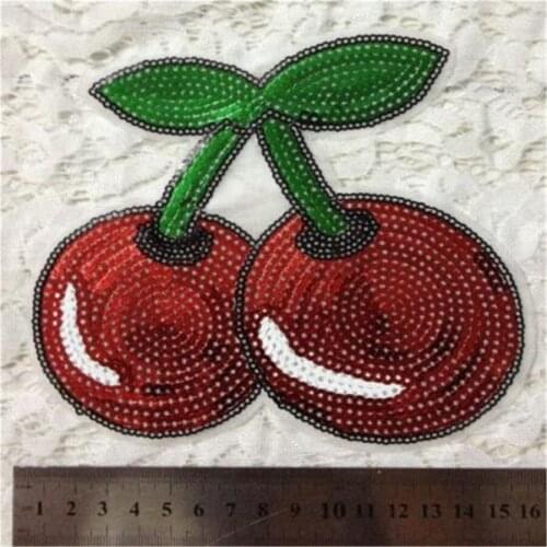 1Pcs Embroidered Iron On Patches For Clothes Fashion Sequins 16CM Cherry Clothing DIY Motif Applique