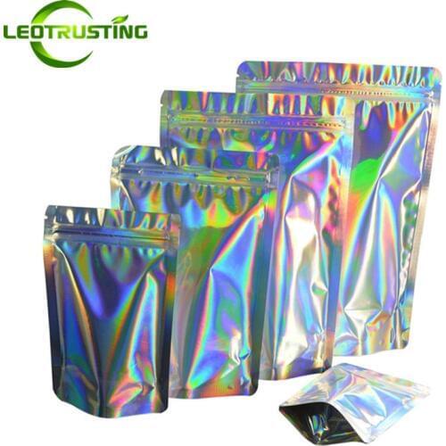 100pcs Hologram Glossy Silver Aluminum Foil Zip Lock Bag Heat Sealing Resealable Coffee Snack Cosmetics Gifts Eye-shadow Bags