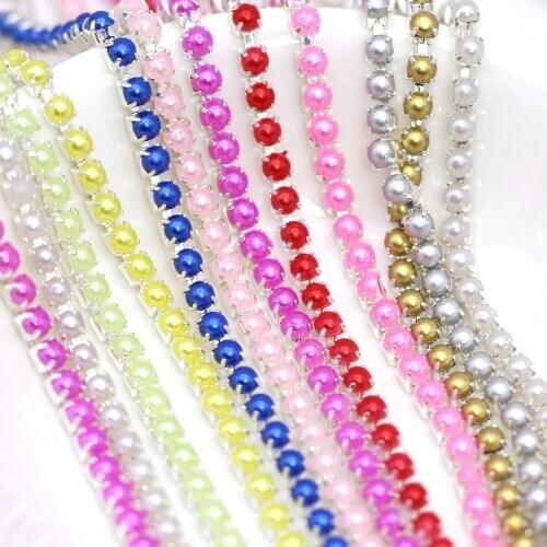 2/10Yards ABS Pearl Rhinestone Chain Colorful Pearl Sliver Base Rhinestone Trimming For Clothes Sew Crafts DIY Jewelry 2MM/2.5MM