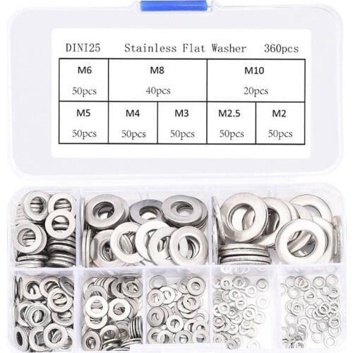 360Pcs Stainless steel Flat Washers Sealing Ring Washers Assortment Set 8 Sizes in a storage Box