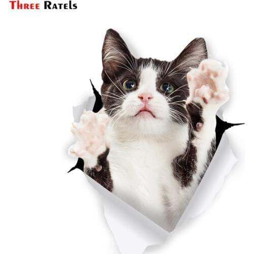 Three Ratels 3D Cat Stickers Black & White Tuxedo Cat Sticker For Wall Fridge car living room 1096