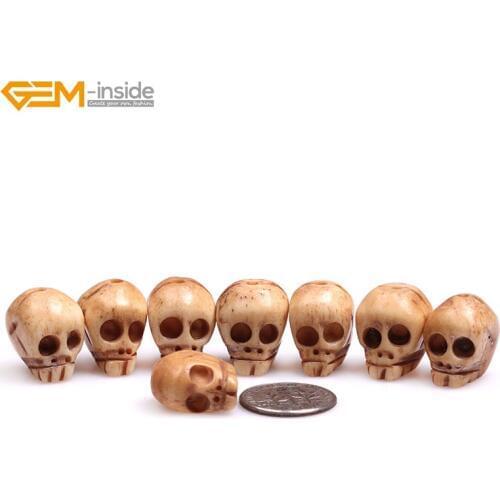 Gem-inside 14x17mm Natural Carved Antique Bone Skull Beads For Halloween Jewelry Making Decoration Sphere Bulk 8pcs DIY