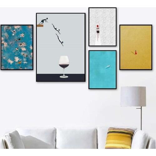 Abstract Nordic Poster Swim Wine Glass Canvas Painting Wall Art Pictures For Living Room Decorative Prins On The Wall