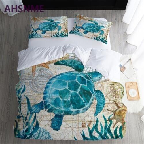AHSNME Sea Animal Series Octopus Turtle Whale Dolphin Hippo with Mysterious Nautical Map Quilt Cover Set Painting Home Textile