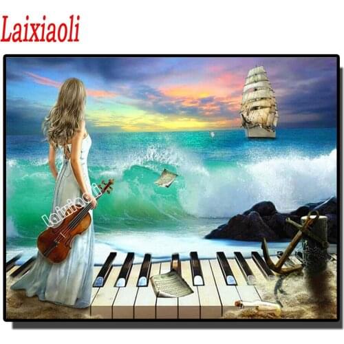 Diamond Painting Girl Scenery Diamond Embroidery Full drill Violin and piano art, Diamond Mosaic fantasy sea ship Cross Stitch