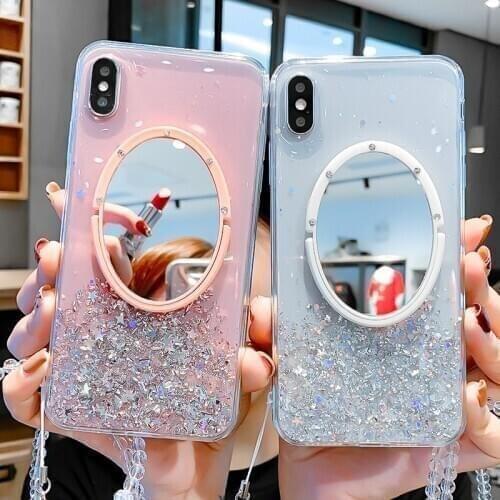 Sparkle Glitter Mirror Case For iPhone 12 mini 11 Pro XS Max XR 7 8 6 Plus SE 2020 Lanyard With Strap Cover