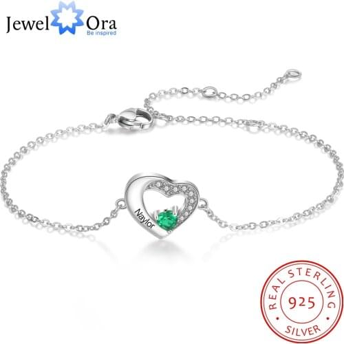 Personalized 925 Sterling Silver Engraved Name Bracelets for Women Lovers Customized Heart Birthstone Chain Bracelet (BA102973)