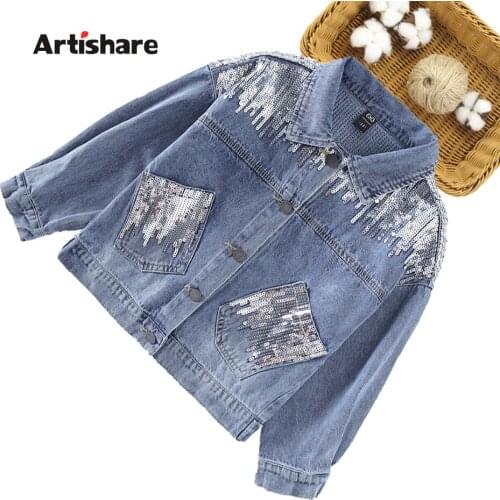 Girls Denim Jacket Outerwear Sequin Pattern Girl Coat Casual Style Childrens Coats Spring Autumn Childrens Clothes For Girls 6