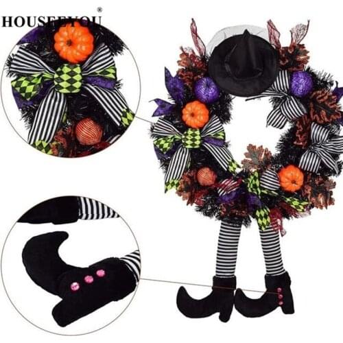 Halloween Witch Wreath Front Door Garlands Hanging Artificial Flower Decoration with Hat Leg Pumpkin Happy Home Party Supplies