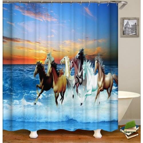 Oil Painting Running Horse Peacock Animal Print Bathroom Shower Curtain Decor Home Bathtub Waterproof Polyester Curtains Set