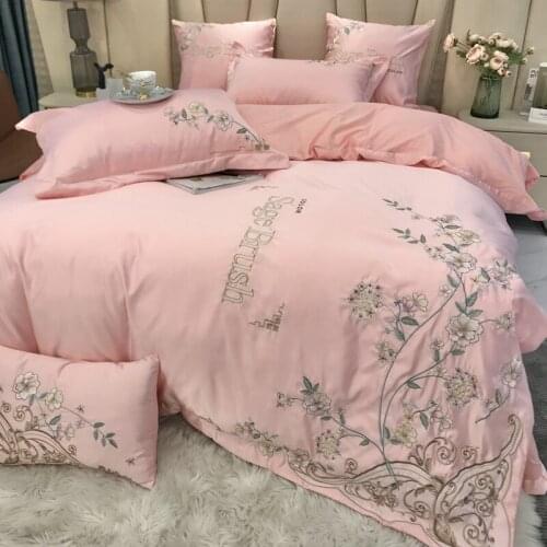 Luxury Jasmine Embroidery Silk Cotton Bedding Set Pink Princess Duvet Cover Bed Linen Fitted Sheet Pillowcases Home Textile
