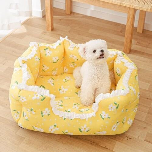 2021 New Cute Flower Print Cat Dog Bed Sofa Cozy Summer Cool Nest Kennel Bed for Small Medium Cat Dog Teddy House Pet Supplies
