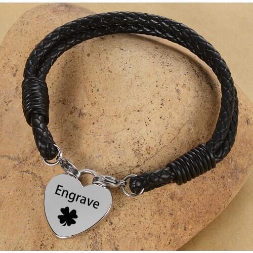 NEW Arrival Customized Name Logo Free Engraving Black Braided Genuine Leather Stainless Steel Heart Charm Bracelet SL-137