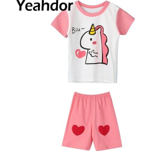 Baby Girls Boys Cotton Summer Suit Clothes Short Sleeves Cartoon Print T-shirts and Shorts Set Children Casual Outfit Home Wear