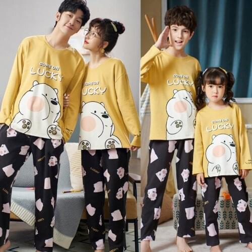 Size 3T-4XL Autumn Cartoon Parent-Child Pajamas For Boys Girls Children Sets Pure Cotton Long Sleeve Home Wear Couples Clothes