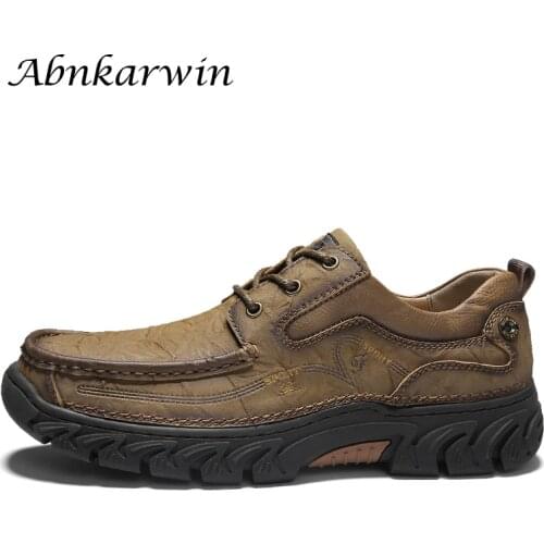 Autumn Outdoor Casual Mens Leather Shoes Lace Up Breathable Black Brown Hard-Wearing Big Size 48 2021 New