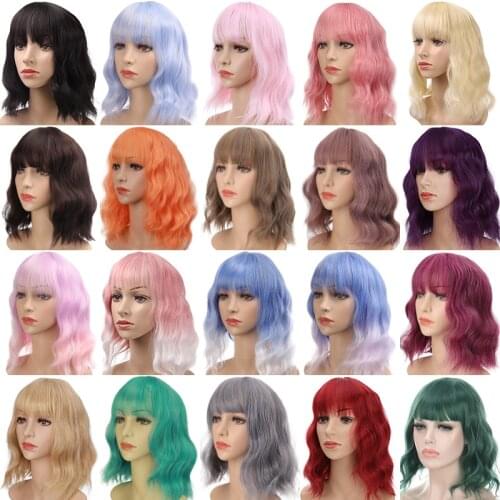 Colorful Short Wigs Lolita Bob Hair with Bangs Synthetic Wig for Women Pnik Blue Gray Blonde for Daily Party Hair Extensions