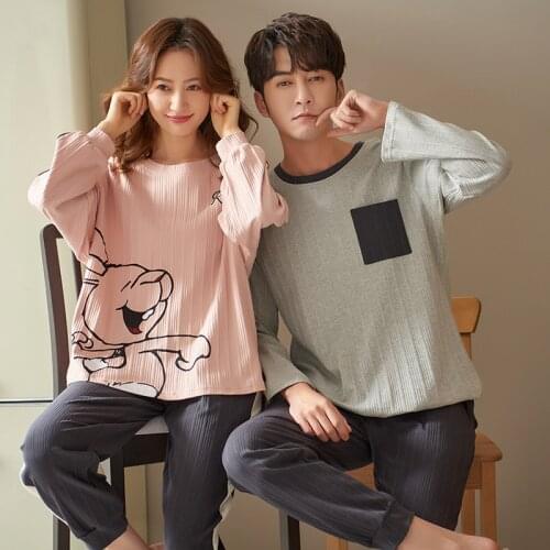 SLPBELY Couple Pajamas Set Sleepwear Spring Cute Cartoon Long Sleeve Plaid Pant Men And Women Pyjamas Lovers Homewear Nightwear