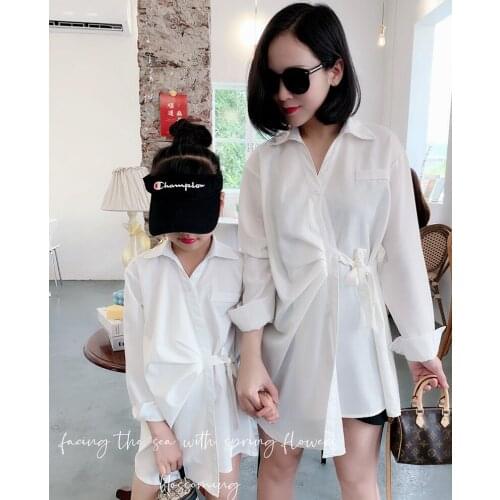 Mother Daughter Waist Pleated Shirt Dress 2021 Spring Summer New Parent-child Loose Shirt Family Matching Outfits