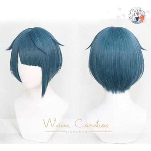 Genshin Impact Xingqiu Xing Qiu Cosplay Synthetic Wig Short Blue Short Heat Resistant Hair Adult Men Women Halloween Free Cap