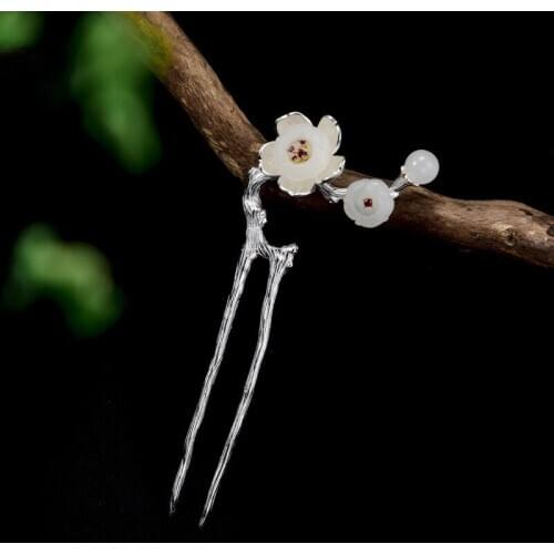 925 Sterling Silver Hair Fork Jade Flower Hair Stick Hanfu Accessories For Women Luxury Jewelry
